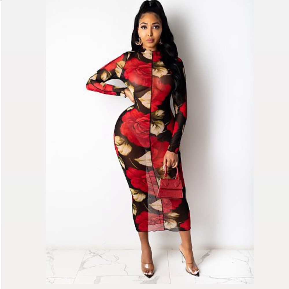 Red floral print mesh dress